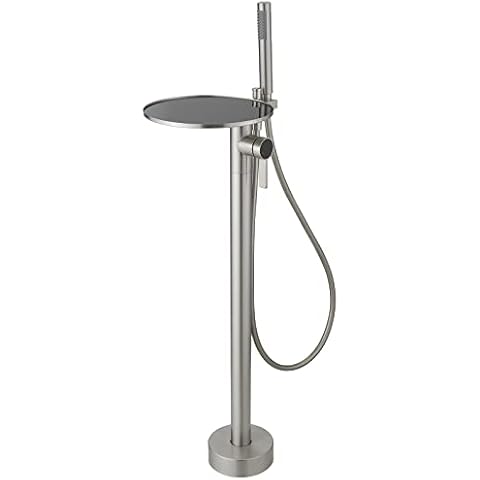 Bathfinesse Freestanding Bathtub Faucet Single Handle Floor Mount,Brushed Nickel Tub Filler with Handheld Shower High Flow Rate Mixer Tap Bathroom Tub Faucet with Shelf Cover