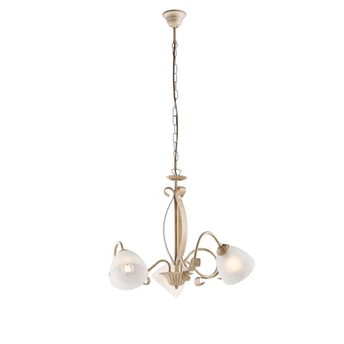 Lámpara forjada de 3 luces de hierro para comedor rústico marfil y oro con cristal