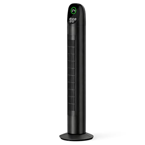Jorunb Tower Fan with Remote 90 Oscillation Bladeless Standing Fan 27ft/s High-Speed 34dB Quiet Floor Fan Pedestal Fans with 3 Speeds 3 Modes 12H Timer Temperature LED Display (black-1)