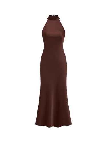 CIDER Satin Dress Elegant Backless Halter Neck Maxi Dress Formal Party Wedding Guest Middle Waist Sleeveless Coffee