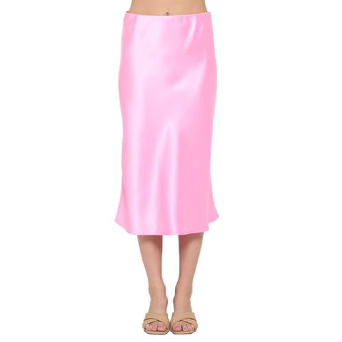 LK Luv Women's High Waist A-Line Elastic Satin Midi Skirt(X-Large,Babypink)