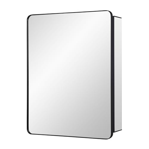 Image of IDYLLOR Black Bathroom Mirror Medicine Cabinet with Round Corner Framed Door 24 x 30 inch, Recessed or Surface Mount, with Adjustable Glass Shelves