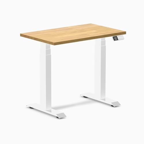 Image of Desky Small Electric Standing Desk, 32 x 20 inches Rubberwood Height Adjustable Sit Stand Desk with Dual Motor and Memory Presets, Compact Home Office Workstation - Light Oak Wood Top
