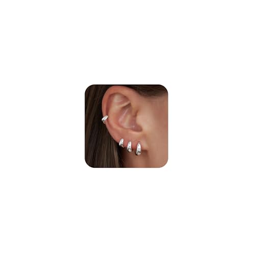 CHESKY 4 Pairs Silver Plated Huggie Hoop Earrings, Chunky Hoop Set by CHESKY - Used condition - US$16.19