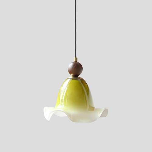 E27 Pendant Light Fixture Handcrafted Art Glass Hanging Light, Hardwired Ceiling Light Dark Green Flower-Shaped Shade Pendant Lamp for Kitchen Bathroom Bar Cafe