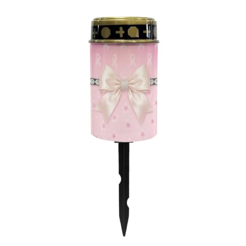 Image of Poceacles Outdoor Solar Lights Garden Cemetery Flameless Candle Water Resistant Pillar Candle Solar Garden Stake Lights for Cemetery Grave Decorations, Pink Ribbon Bow Cherry Blossom