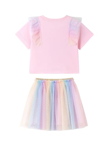 Image of HILEELANG Girls Skirt Set 2 Piece Outfit Cotton Tee Tulle Skirt Set | Soft Cotton Tee, Applique Detail, Layered Tulle Skirt with Lining, Lightweight Comfort for Toddler Little Girls