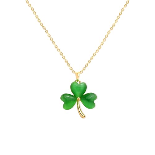 Jean Beau St Patricks Day Green Shamrock Pendant Necklace for Women Irish Crystal Clover Leaf Gold Plated Cute Trendy Outfit Accessories Jewelry Gift