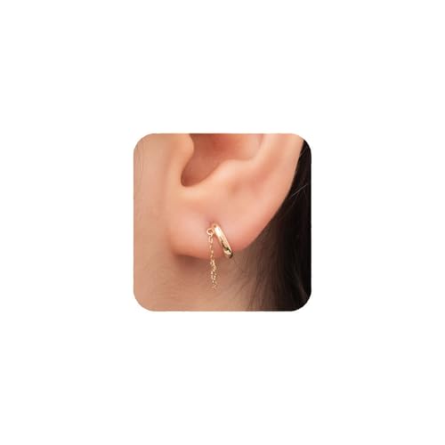 14K Gold Plated Chain Huggie Hoop Earrings, Small Dangle Chain Hoop Earrings for Women