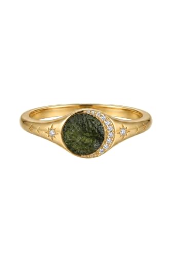 Trishira Moldavite Ring, Raw Stone Celestial Signet, Crescent Moon Star Band, Handmade Ring for Her