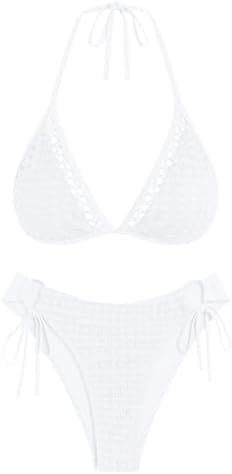 ZAFUL Women's Halter Triangle Bikini Set Crochet Boho Floral Swim...