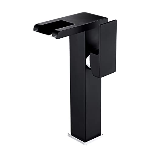 FW Robinet Lavabo LED Haut Cascade Robinet Salle De Bain, Moderne Design Élégant Noir Laiton Mitigeur Lavabo, Eau Chaude Et Froide Disponible, 3 Changements De Couleur