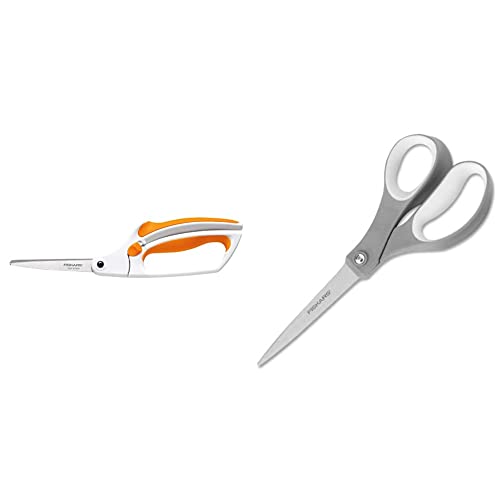 Fiskars 12-99118697WJ Easy Action 8 Inch Fabric Scissors, White & 01-004761J Softgrip Scissors Straight Stainless Steel, 8 Inch,Gray