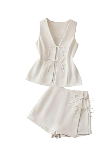 SOLY HUX Women's Summer 2 Piece Outfits Sleeveless Matching Sets Lace Up Vest and Skort Shorts Plain White Small
