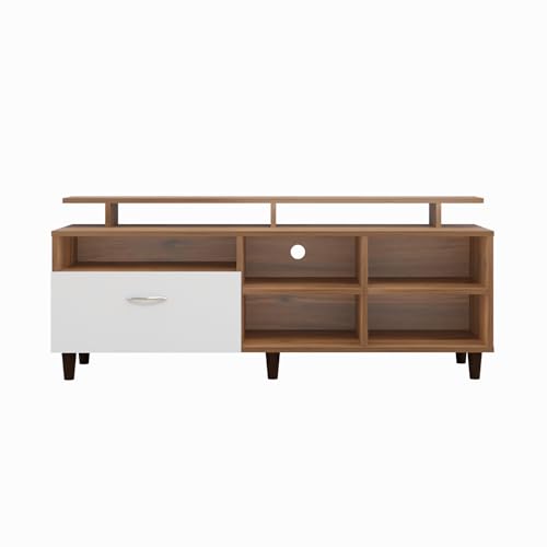 Image of VIKI Modern TV Unit for Living Room | Engineered Wood TV Cabinet with 1 Drawer Storage, 2 Open Shelves & Extension, Entertainment Unit, 140W x 48H x 40D cm | DIY | 1 Year Warranty (Walnut & White)