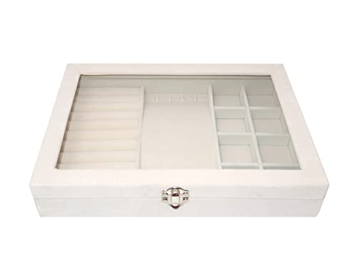 Estojo Porta Joias com tampa de vidro divisórias e pendurador colares