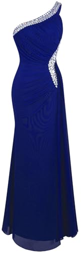Angel-fashions Women's One Shoulder Ruching Beading Ribbon Soft Evening Gown