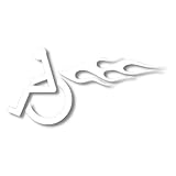 Left Facing White Wheelchair w Flames Window Sticker (Handicapped Handicap fire)