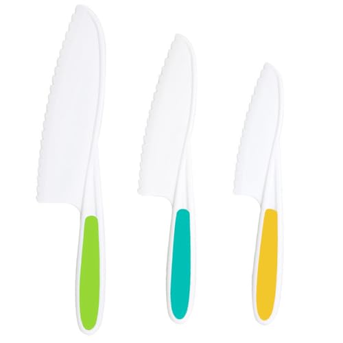 RUOXIXI 3 Piezas Cuchillo para Niños Aprendizaje,Utensilios de Cocina Niños 2 años para Cortar y Cocinar Grutas o Verduras Seguros Usar Agarre Firme Bordes Dentados（Amarillo + Azul + Verde）