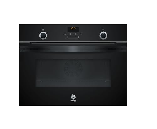 Balay - Horno Compacto Multifunción con Control Comfort, Gradas Cromadas, Asistente de Limpieza Aqualisis, 7 Funciones, Precalentamiento Rápido, Cristal Negro, 3CB5151N2