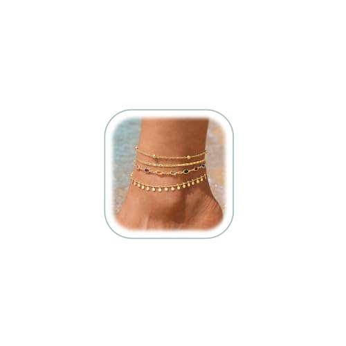 Image of iF YOU Gold Ankle Bracelets for Women, 14k Gold Plated Waterproof Cuban Link Chain Anklets Set, Layered Anklet Bracelets for Women Beach Gift Adjustable Size 5pcs