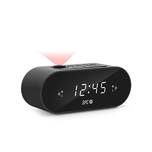 SPC Frodi MAX - Radiodespertador Compacto con proyector de Hora Regulable, Gran botón de Snooze Sleep, Alarma Dual, Pantalla XL, números Grandes, Pila de Reserva