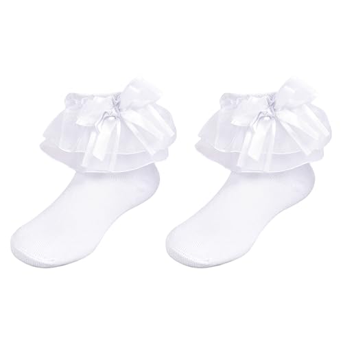 Pistha 2 Pairs Girls Ruffle Frilly Socks Adorable Tutu Mini Bow Ruffled Lace Socks for Toddler Little Girls Causal and Dress(White,4-6years)