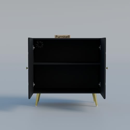 Image of Modern Wooden Storage Cabinet with 2 Doors | Geometric Design Sideboard /Cupboard for Living Room | Multipurpose Organizer for Bedroom & Entryway | HDMR Premium Wood | Gold Metal Legs(Black)