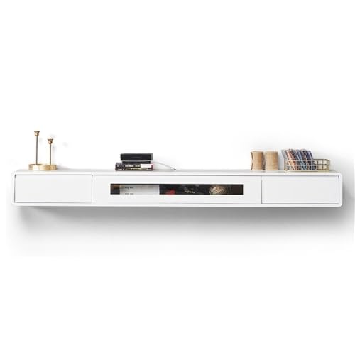 Mueble de TV flotante para debajo del televisor, consola de TV montada en la pared, modernas unidades de TV flotantes de madera maciza, centro de entretenimiento con cajones de almacenamiento (blanco