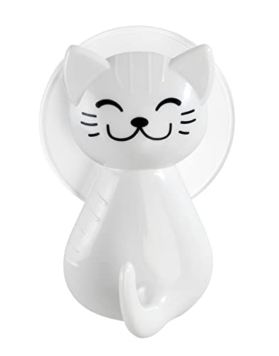 WENKO Crochet à ventouse Chat blanc - Crochet mural, patère pour vêtements, Plastique (ABS), 6 x 9.5 x 5.5 cm, Blanc