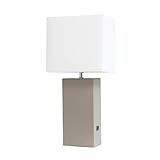 Elegant Designs LT1053-GRY Modern Leather Table Lamp with USB and White Fabric Shade, Grey (Pack of 1)
