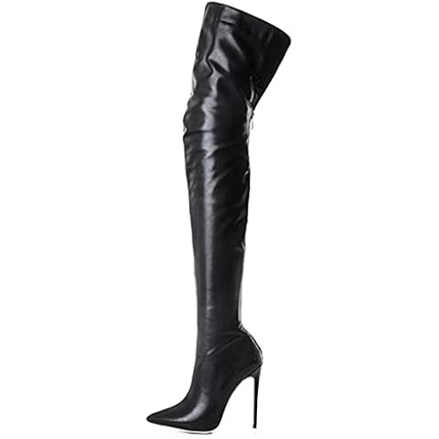 BeAUZQ Women's Black Stretch Leather Pointed Toe Thigh High Over The Knee Boots Fetish High Heels Stiletto Heels Boots Shoes Size 34-48,Silver,47 Cover