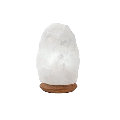 HAF Weiße Salzlampe aus echtem Kristallsalz | 2-3 kg Salzkristalllampe in Naturform | Salzsteinlampe auf Holzsockel aus der Salt Range Punjab | Dekorative Nachttischlampe für Wellness & Meditation