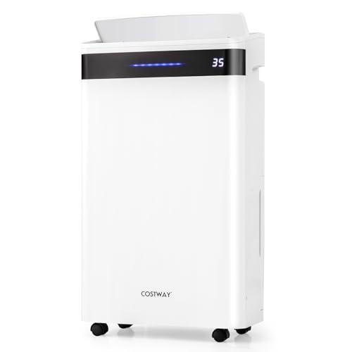 COSTWAY 28,5L Deumidificatore per Casa, Deumidificatore Silenzioso 35㎡ con 4 Modalità Indicatore a 3 Colori Timer 24H e Ruote, Scarico Automatico o Manuale