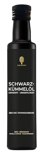 ZELLGUT© Bio SCHWARZKÜMMELÖL 250ml | rein, schonend kaltgepresst, GEKEIMT & nativ | aus original ägyptischem Schwarzkümmel | Frischegarantie: direkt vom Hersteller | 380 mg THYMOCHINON