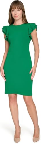 Image of Tommy Hilfiger Women's Sleeveless Ruffle Hem Jewel Neck Crepe Sheath Mini Dress