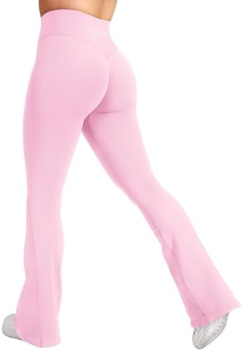 YEOREO Workout Mini Flare Leggings Women's Invisible Scrunch Flared Trousers Push Up Sports Leggings High Waist Bootcut Seamless Fitness Leggings Gym Yoga Leggings Pink L