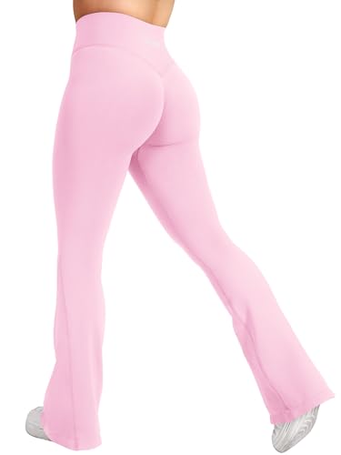 YEOREO Workout Mini Flare Leggings Damen Invisible Scrunch Schlaghose Push Up Sport Legging Hohe Taille Bootcut Nahtlose Fitness Leggings Gym Yoga Legging Rosa S