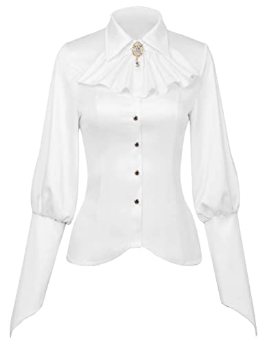 Women's Fashion Shirt Elegant Vintage Gem Brooch Ruffled Long Sleeve Blouse