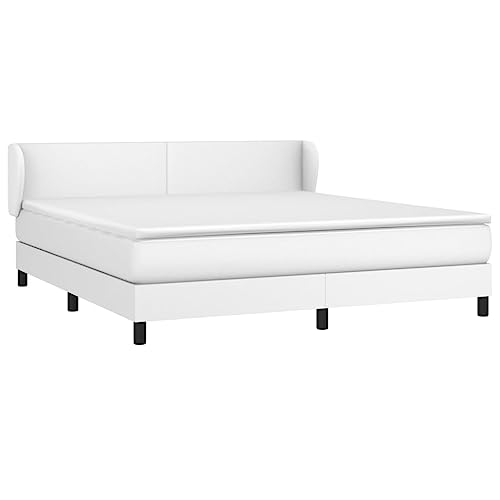QJBSAVVA Lit à sommier tapissier - 180 x 200 cm - Blanc - Lit complet avec matelas à ressorts ensachés et surmatelas - Lit double design en cuir synthétique avec tête de lit réglable en hauteur pour