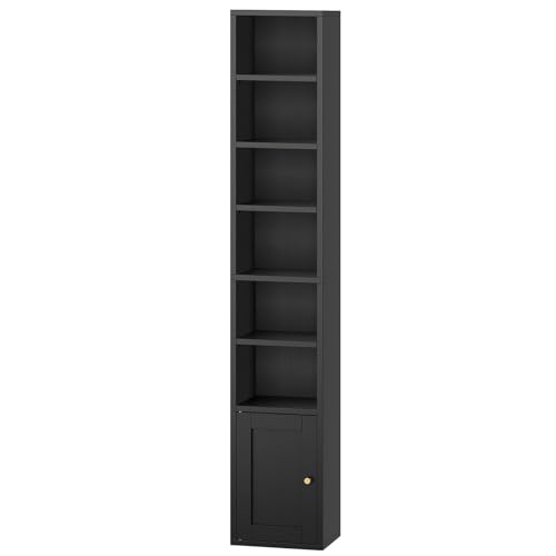 RALGEND 7-Tier Tall Narrow Bookshelf with Door, 11.8 X 9.3 X 70.9 Inches CD DVD Slim Media Tower Rack with Storage Cabinet, Adjustable Shelves, Skinny Bookshelf Display Bookcase for Home Office, Black
