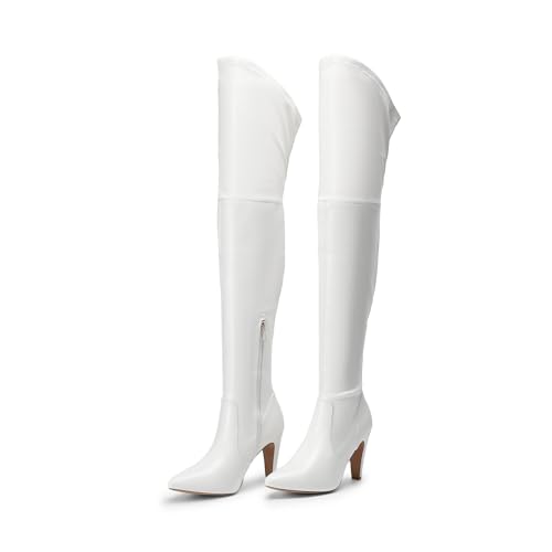 DREAM PAIRS Women's Thigh High Boots Over The Knee Heels Long Sexy Pointed Toe Boots,Size 7.5,White/Pu,DOB214