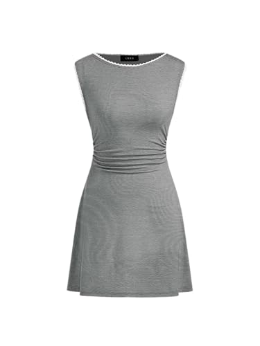 Image of CIDER Women's Summer Mini Dress Boat Neck Sleeveless Ruched Tie Back Cute Casual Dresses Nightgown Outfits Trendy