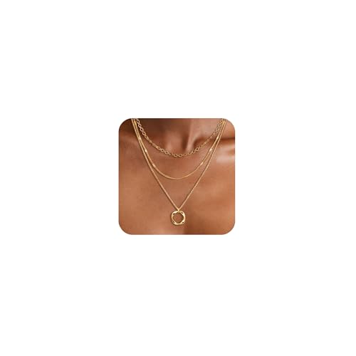 Layered Choker Necklaces, 14k Gold Plated/Sterling Silver Stackable Circle Pendant Chain Necklace Set