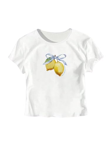 SweatyRocks Girl's Lemon Shirts Graphic Print Short Sleeve Crew Neck Fitted Y2K T Shirts