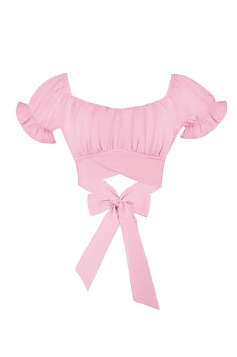 PUKAVT Women's Short Sleeve Crop Tops Summer Off Shoulder Blouses Ruffle Sexy Tie Back Top2