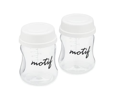 Image of Motif Medical Breast Milk Storage Bottles for Twist Breast Pump - Durable Plastic Breastfeeding Essentials w/Locking Rings, Lids & Nipple Caps - Breast Milk Container (Set of 2, 140 ml)