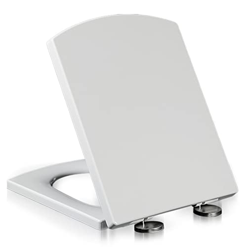 Square Toilet Seat Soft Close with Easy Quick Release Top Fix Adjustable Hinges, Easy Installation, White, 34.5X43CM(13.58X16.92IN)