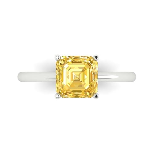 Clara Pucci 2 CTW VVS1 Natural Citrine Asscher Cut Classic Minimalist Solitaire Ring – Fine Jewelry Anniversary Ring for Women in Solid 18K White Gold