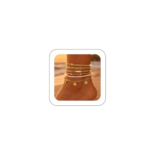 Image of iF YOU Gold Ankle Bracelets for Women, 14k Gold Plated Waterproof Cuban Link Chain Anklets Set, Layered Anklet Bracelets for Women Beach Gift Adjustable Size 5pcs